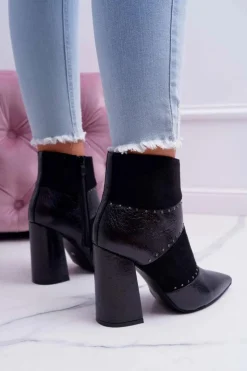 Damskie Boto Botki Damskie Na Obcasie Z Nitami W Szpic RB21P Czarne Yango