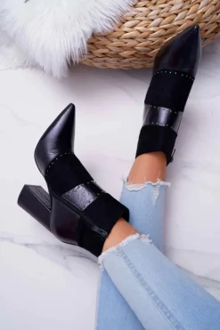 Damskie Boto Botki Damskie Na Obcasie Z Nitami W Szpic RB21P Czarne Yango