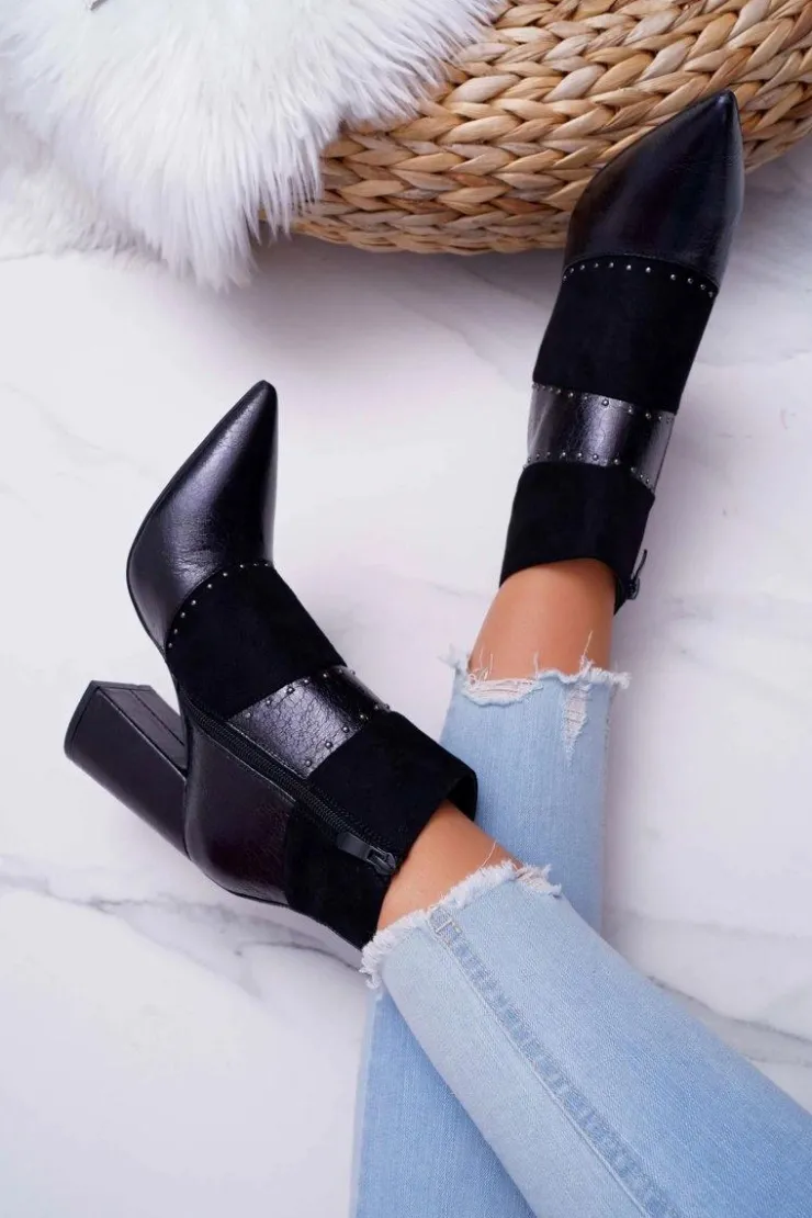 Damskie Boto Botki Damskie Na Obcasie Z Nitami W Szpic RB21P Czarne Yango