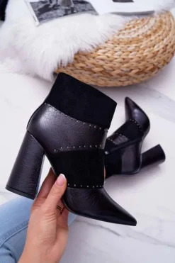 Damskie Boto Botki Damskie Na Obcasie Z Nitami W Szpic RB21P Czarne Yango