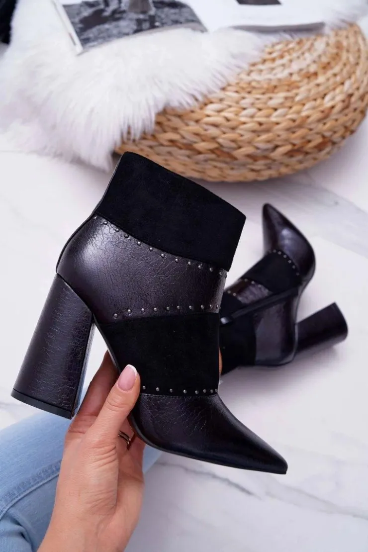 Damskie Boto Botki Damskie Na Obcasie Z Nitami W Szpic RB21P Czarne Yango