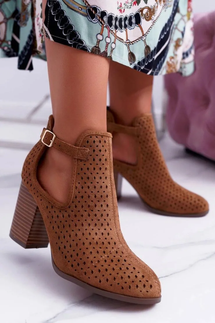 Boto Botki Wiosenne|Botki Na Słupku*Botki Damskie Na Obcasie Wiosenne Ażurowe Camel GoodDay