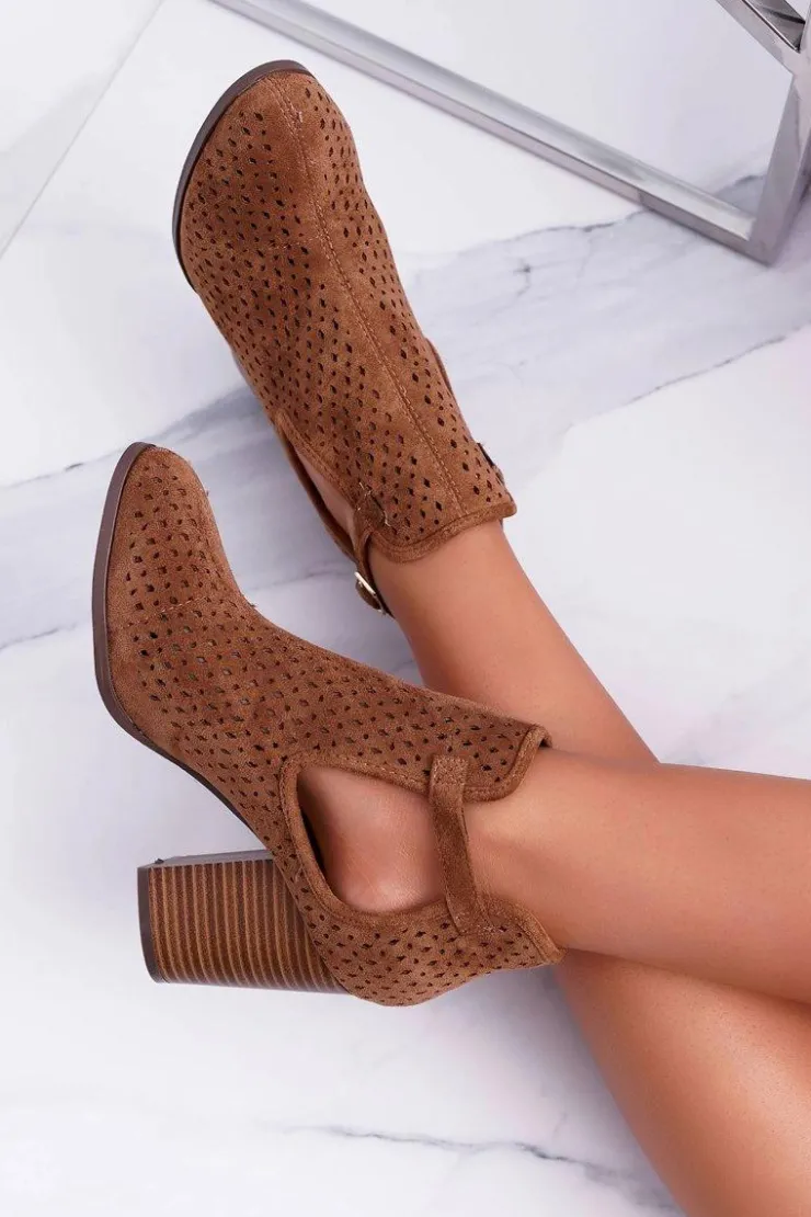 Boto Botki Wiosenne|Botki Na Słupku*Botki Damskie Na Obcasie Wiosenne Ażurowe Camel GoodDay