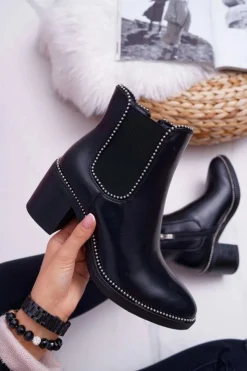Damskie Boto Botki Damskie Na Obcasie Z Dżetami Czarne Rhythmic