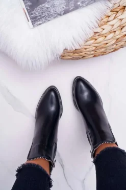 Damskie Boto Botki Damskie Na Obcasie Z Dżetami Czarne Rhythmic