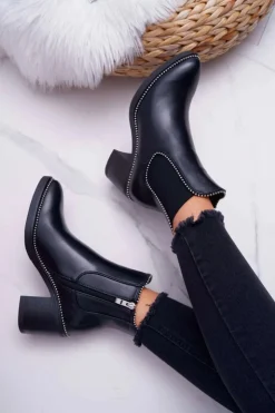 Damskie Boto Botki Damskie Na Obcasie Z Dżetami Czarne Rhythmic