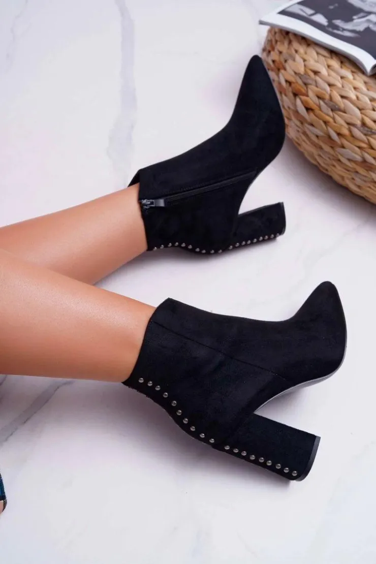 Boto Botki Na Słupku|Botki Zimowe Damskie*Botki Damskie Na Obcasie Z Nitami W Szpic RB23P Czarne Snack