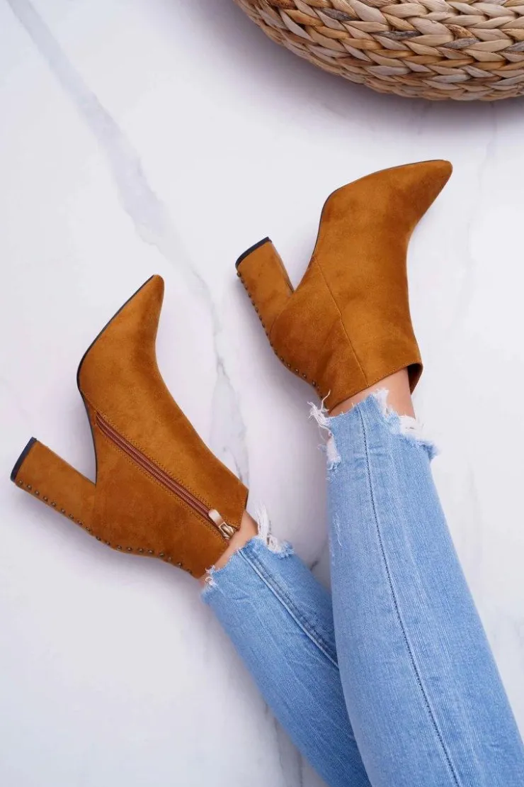 Discount Boto Botki Damskie Na Obcasie Z Nitami W Szpic RB23P Camel Snack