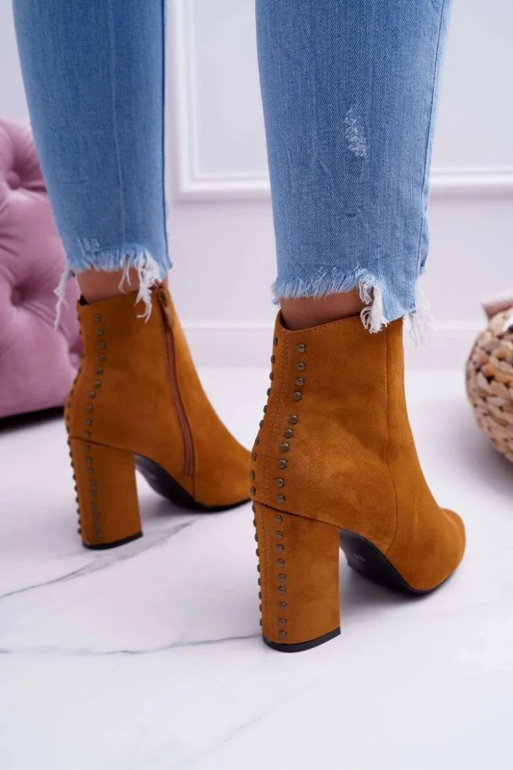 Discount Boto Botki Damskie Na Obcasie Z Nitami W Szpic RB23P Camel Snack