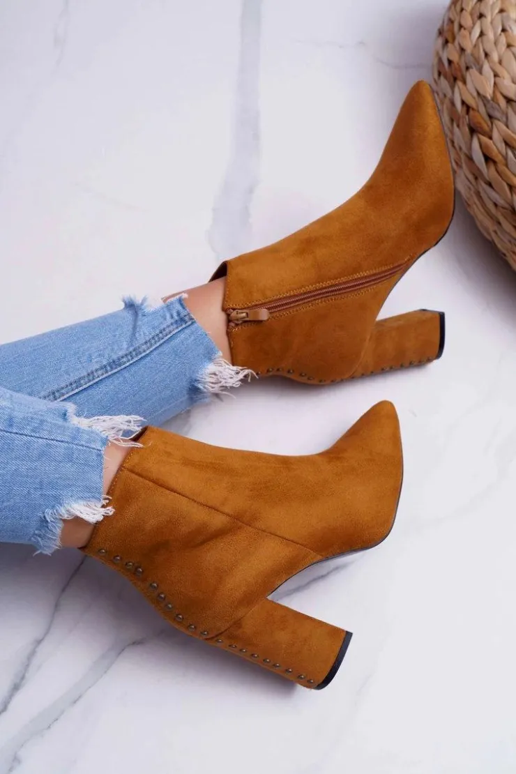 Discount Boto Botki Damskie Na Obcasie Z Nitami W Szpic RB23P Camel Snack