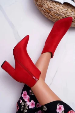 Boto Botki Na Słupku|Botki Zimowe Damskie*Botki Damskie Na Obcasie Z Nitami W Szpic Czerwone Snack