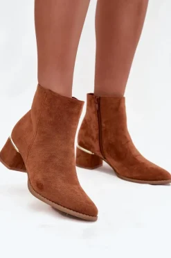 Damskie Boto Botki Damskie Na Obcasie Ze Złotym Elementem Ocieplane Camel Nolessa