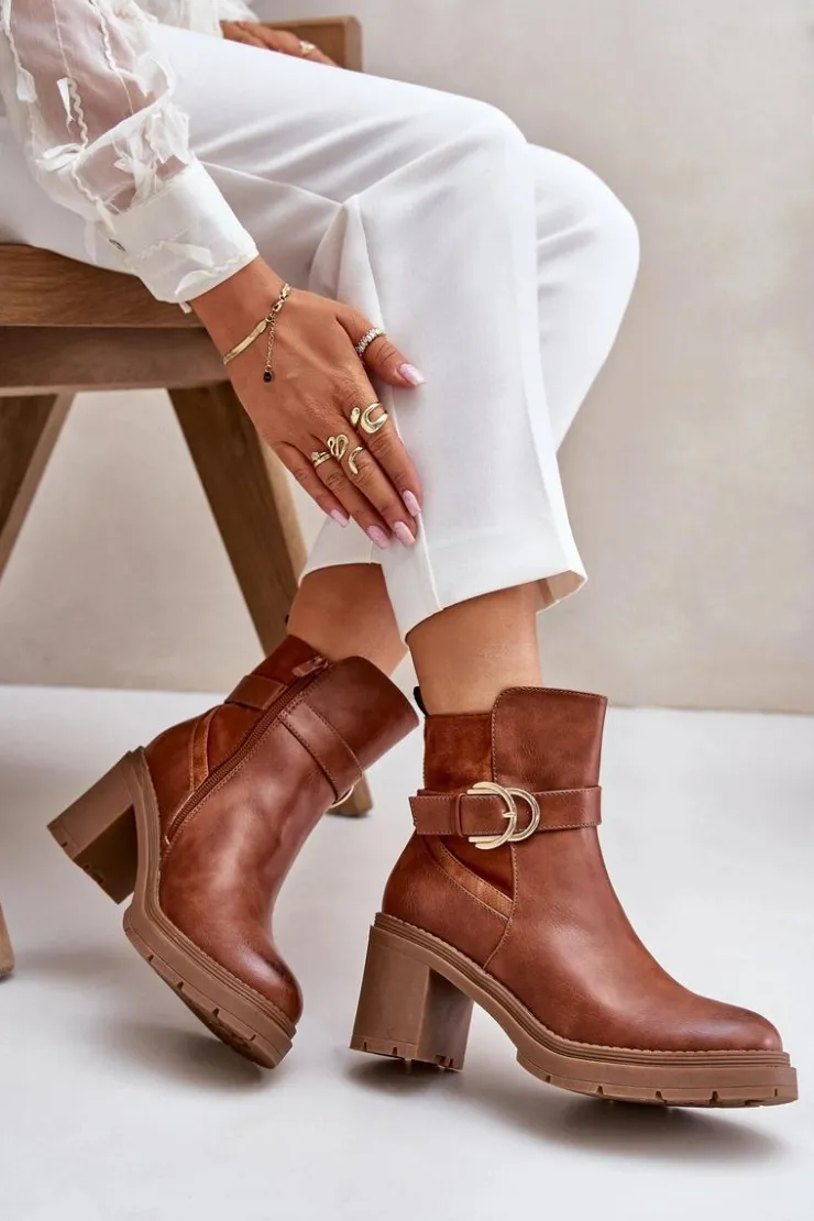 Boto Botki Damskie Na Obcasie Słupku Ocieplane Na Zamek Camel Inabelle