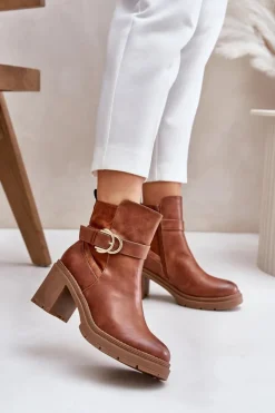 Boto Botki Damskie Na Obcasie Słupku Ocieplane Na Zamek Camel Inabelle