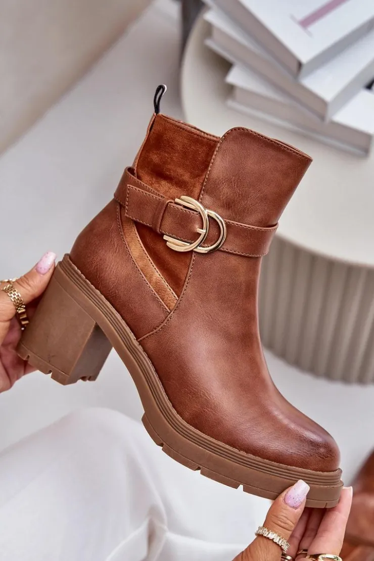Boto Botki Damskie Na Obcasie Słupku Ocieplane Na Zamek Camel Inabelle
