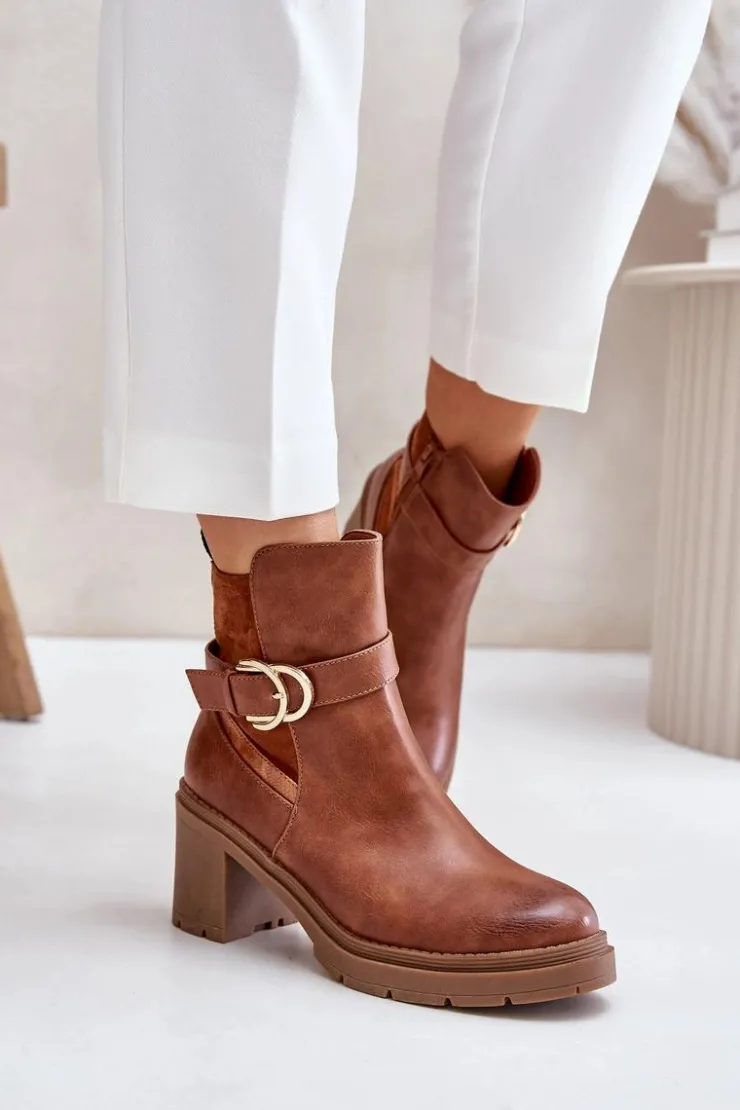 Boto Botki Damskie Na Obcasie Słupku Ocieplane Na Zamek Camel Inabelle