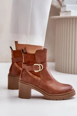 Boto Botki Damskie Na Obcasie Słupku Ocieplane Na Zamek Camel Inabelle