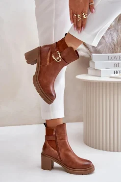 Boto Botki Damskie Na Obcasie Słupku Ocieplane Na Zamek Camel Inabelle