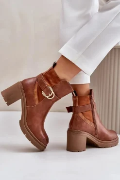 Boto Botki Damskie Na Obcasie Słupku Ocieplane Na Zamek Camel Inabelle