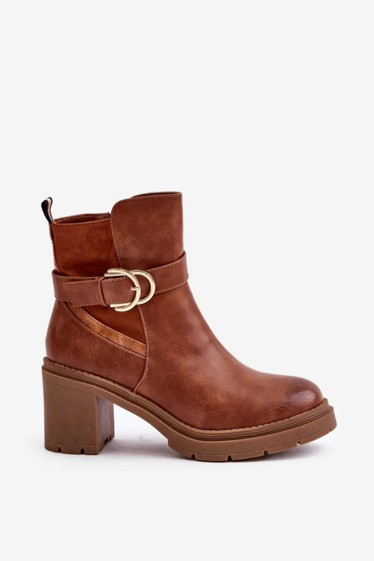 Boto Botki Damskie Na Obcasie Słupku Ocieplane Na Zamek Camel Inabelle