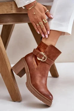 Boto Botki Damskie Na Obcasie Słupku Ocieplane Na Zamek Camel Inabelle