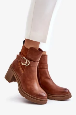 Boto Botki Damskie Na Obcasie Słupku Ocieplane Na Zamek Camel Inabelle
