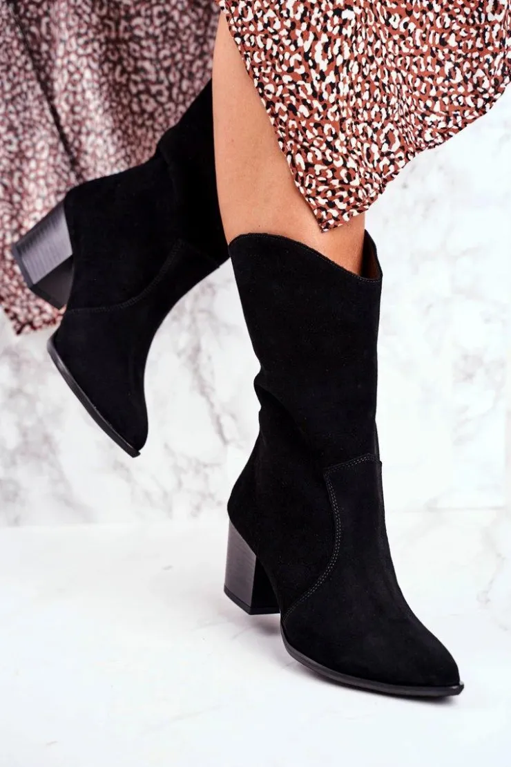 Boto Botki Na Słupku|Czarne Botki*Botki Damskie Na Obcasie Skóra Nubuk Czarne Nicole 2580