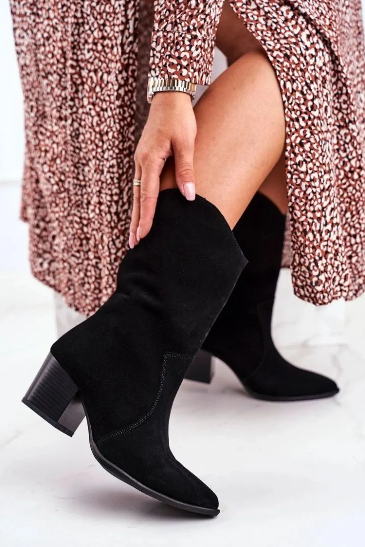 Boto Botki Na Słupku|Czarne Botki*Botki Damskie Na Obcasie Skóra Nubuk Czarne Nicole 2580