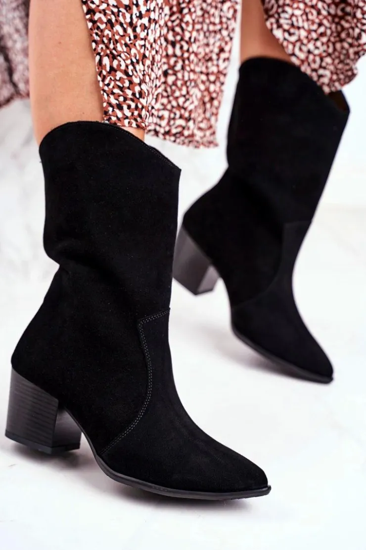 Boto Botki Na Słupku|Czarne Botki*Botki Damskie Na Obcasie Skóra Nubuk Czarne Nicole 2580