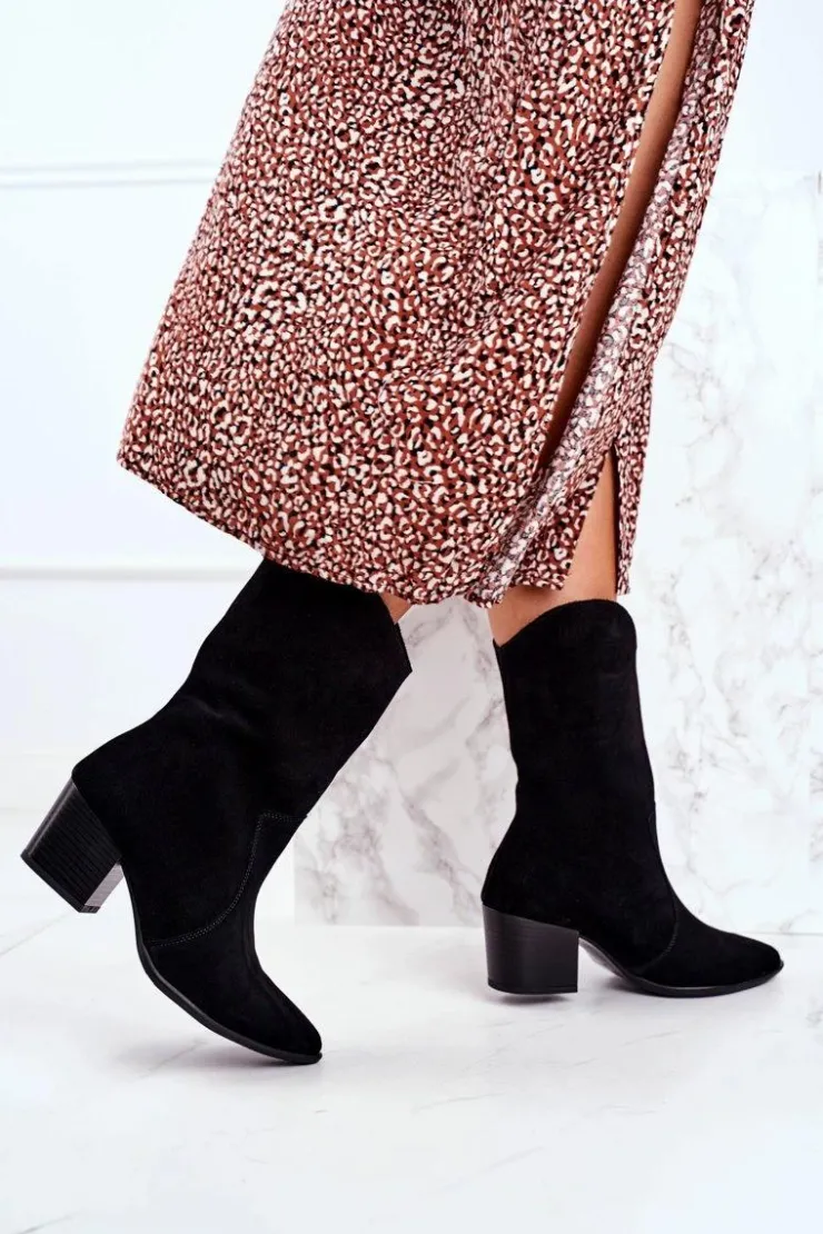 Boto Botki Na Słupku|Czarne Botki*Botki Damskie Na Obcasie Skóra Nubuk Czarne Nicole 2580