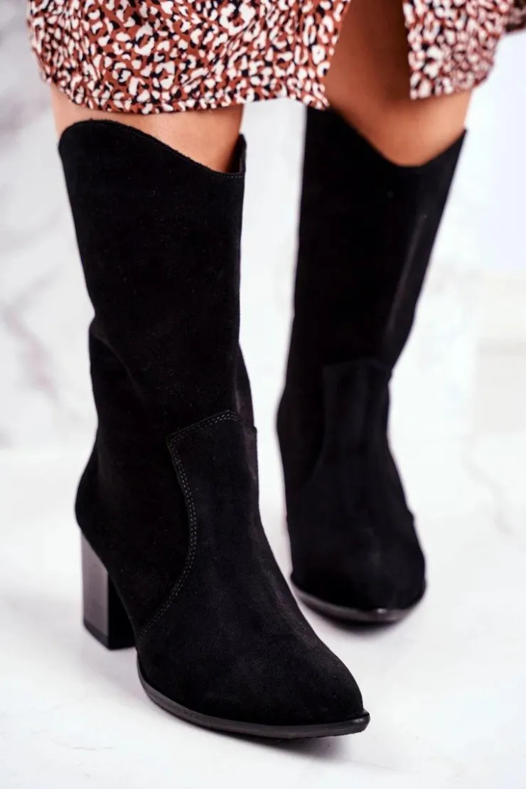 Boto Botki Na Słupku|Czarne Botki*Botki Damskie Na Obcasie Skóra Nubuk Czarne Nicole 2580