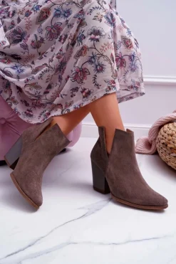 Damskie Boto Botki Damskie Na Obcasie Wiosenne Skóra Zamsz Ciemne Cappuccino Nicole 2430