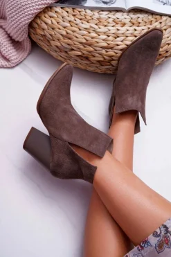 Damskie Boto Botki Damskie Na Obcasie Wiosenne Skóra Zamsz Ciemne Cappuccino Nicole 2430