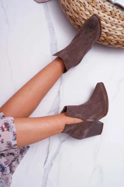 Damskie Boto Botki Damskie Na Obcasie Wiosenne Skóra Zamsz Ciemne Cappuccino Nicole 2430