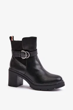 Outlet Boto Botki Damskie Na Obcasie Słupku Ocieplane Na Zamek Czarne Inabelle
