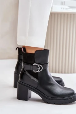 Outlet Boto Botki Damskie Na Obcasie Słupku Ocieplane Na Zamek Czarne Inabelle