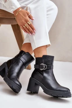 Outlet Boto Botki Damskie Na Obcasie Słupku Ocieplane Na Zamek Czarne Inabelle