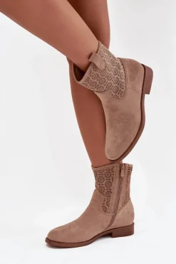 Damskie Damskie buty S.Barski Botki Damskie Na Płaskim Obcasie Z Ażurowym Wzorem S.Barski HY52-530 Beżowe