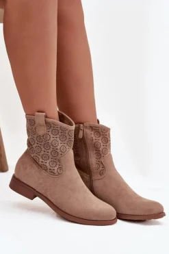 Damskie Damskie buty S.Barski Botki Damskie Na Płaskim Obcasie Z Ażurowym Wzorem S.Barski HY52-530 Beżowe