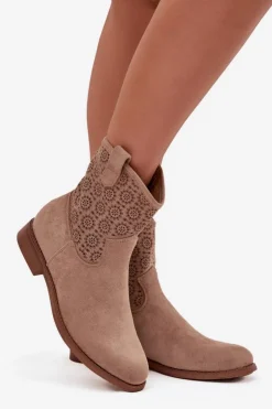 Damskie Damskie buty S.Barski Botki Damskie Na Płaskim Obcasie Z Ażurowym Wzorem S.Barski HY52-530 Beżowe