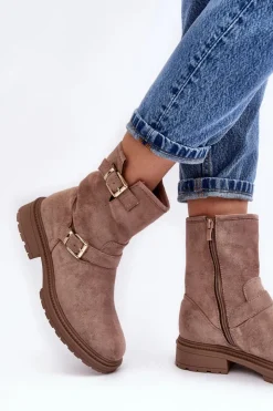 Damskie Boto Botki Damskie Na Płaskim Obcasie Z Klamrami Ciemnobeżowe Bliggore