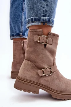 Damskie Boto Botki Damskie Na Płaskim Obcasie Z Klamrami Ciemnobeżowe Bliggore