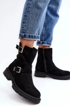 Best Boto Botki Damskie Na Płaskim Obcasie Z Klamrami Czarne Bliggore Czarny