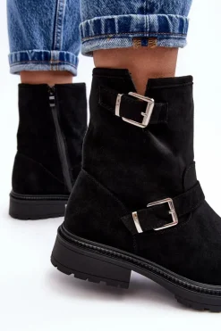 Best Boto Botki Damskie Na Płaskim Obcasie Z Klamrami Czarne Bliggore Czarny