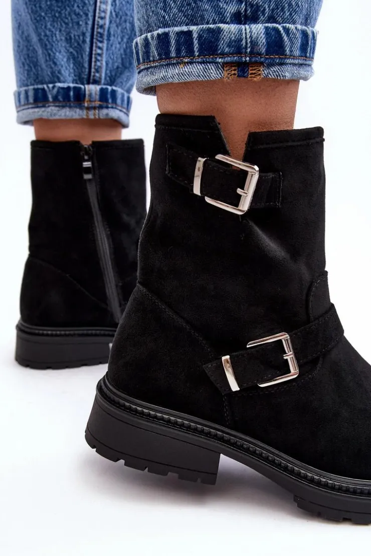 Best Boto Botki Damskie Na Płaskim Obcasie Z Klamrami Czarne Bliggore Czarny