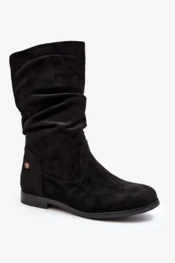 Damskie Evento Botki Damskie Na Płaskim Obcasie Z Marszczoną Cholewką Czarne Kotine