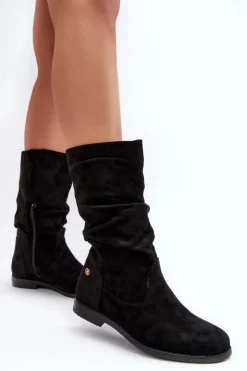 Damskie Evento Botki Damskie Na Płaskim Obcasie Z Marszczoną Cholewką Czarne Kotine