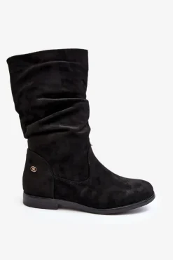 Damskie Evento Botki Damskie Na Płaskim Obcasie Z Marszczoną Cholewką Czarne Kotine