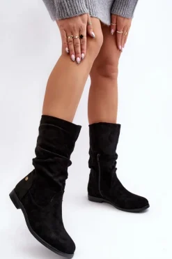 Damskie Evento Botki Damskie Na Płaskim Obcasie Z Marszczoną Cholewką Czarne Kotine