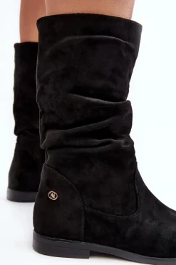 Damskie Evento Botki Damskie Na Płaskim Obcasie Z Marszczoną Cholewką Czarne Kotine